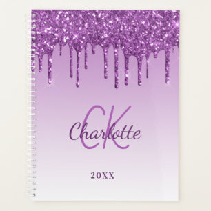 Purple glitter drips violet monogram planner