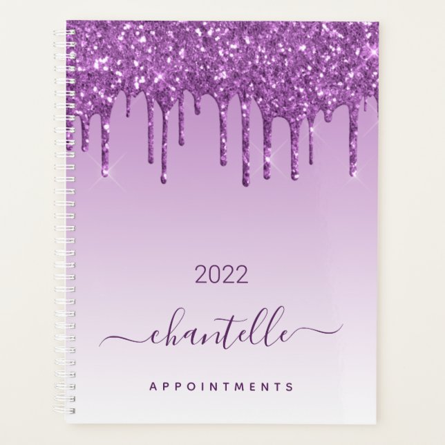 Purple glitter drips violet monogram planner (Front)