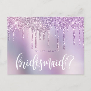 Purple glitter drips will you be my bridesmaid invitation postcard