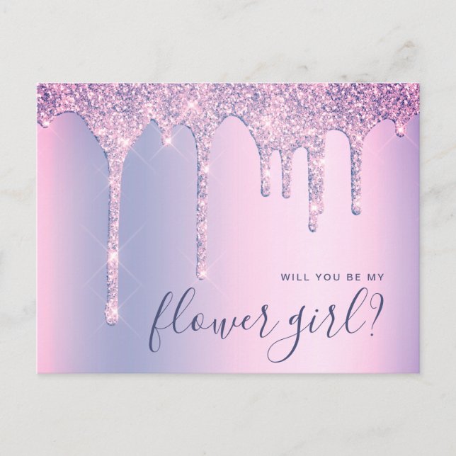 Purple glitter drips will you be my flower girl invitation postcard (Front)