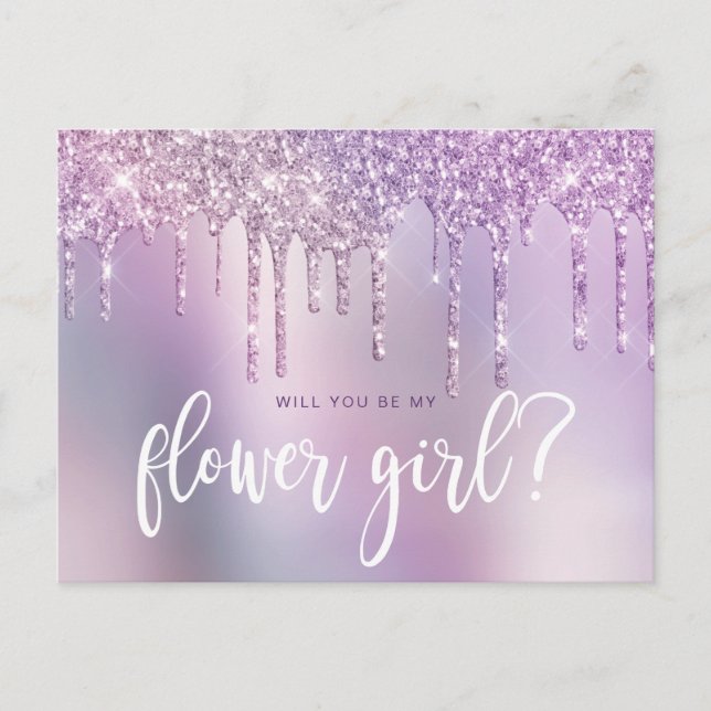 Purple glitter drips will you be my flower girl invitation postcard (Front)