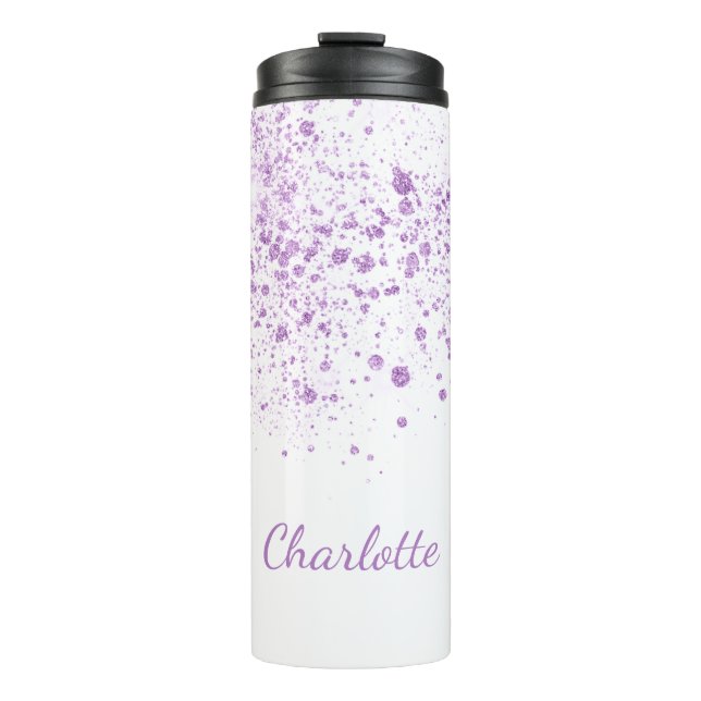 Purple glitter drops monogram white script thermal tumbler (Front)