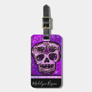 Purple Glitter Elegant Black Skull Travel Monogram Luggage Tag