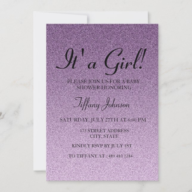 Purple Glitter Faux its A Girl  Baby Shower Invite (Front)