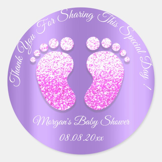 Purple Glitter Feet Baby Shower Favour Thank You Classic Round Sticker (Front)