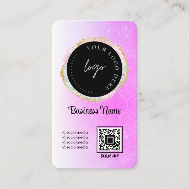 Purple Glitter Feminin Social Media Logo QR Code Business Card (Front)