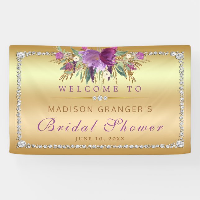 Purple Glitter Flowers Diamonds Gold Bridal Shower Banner (Horizontal)