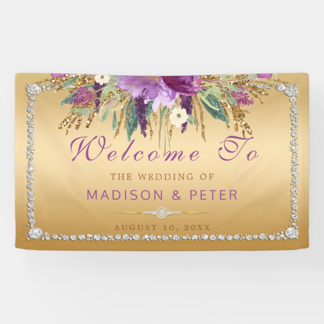 Purple Glitter Flowers Diamonds Gold Wedding Banner (Horizontal)