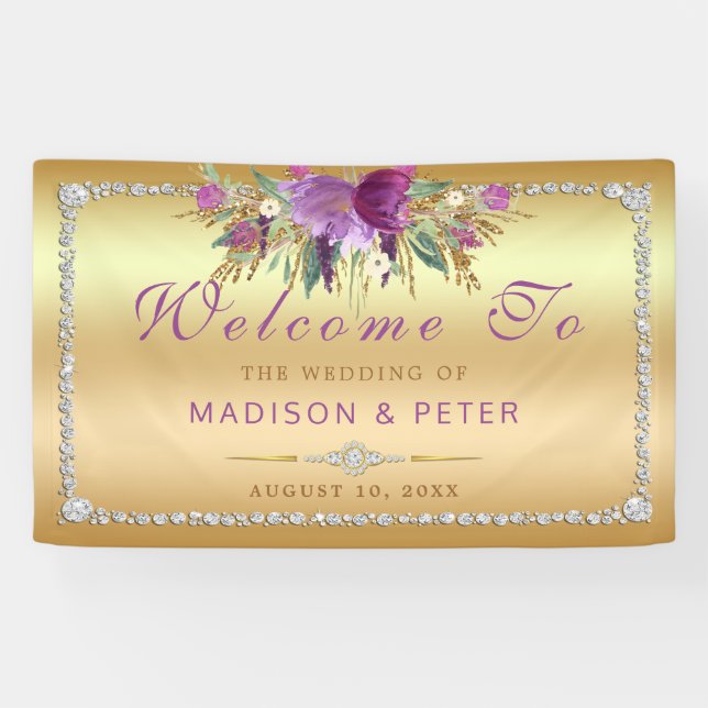 Purple Glitter Flowers Diamonds Gold Wedding Banner (Horizontal)