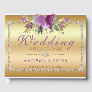 Purple Glitter Flowers Diamonds Gold Wedding Guest Book
