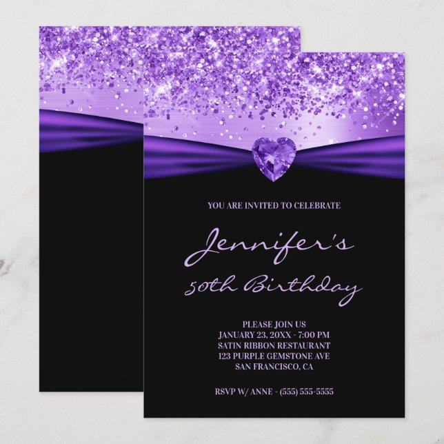 Purple Glitter Foil Gem Heart 50th Birthday Invitation (Front/Back)