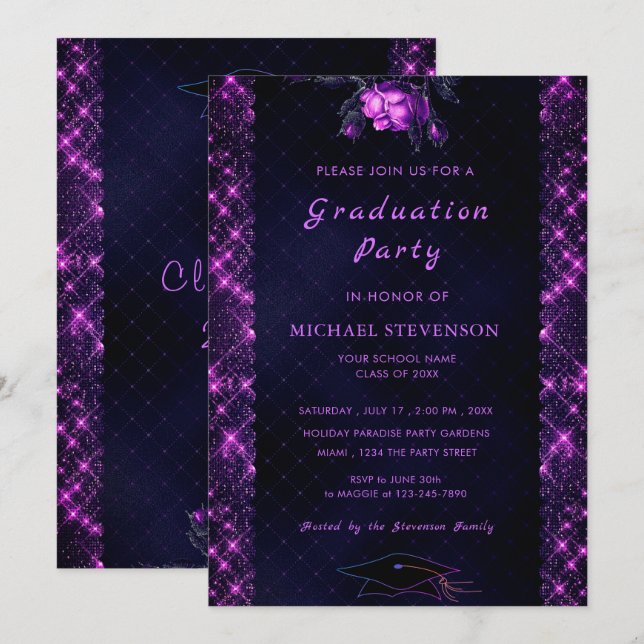Purple Glitter Framed Black Graduation Invitation (Front/Back)