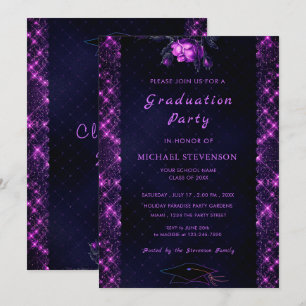 Purple Glitter Framed Black Graduation Invitation