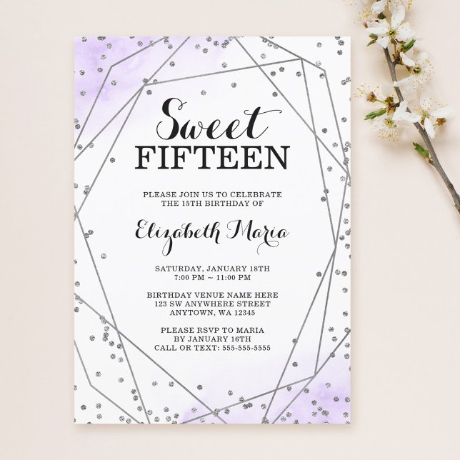 Purple Glitter Geometric Sweet 15 Quinceañera Invitation (Creator Uploaded)
