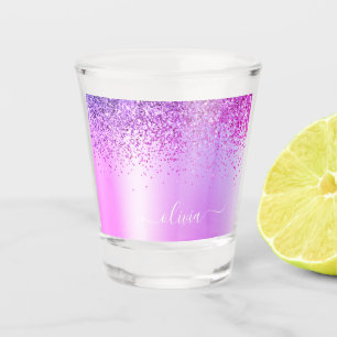 Purple Glitter Girly Metal Monogram Name Shot Glass