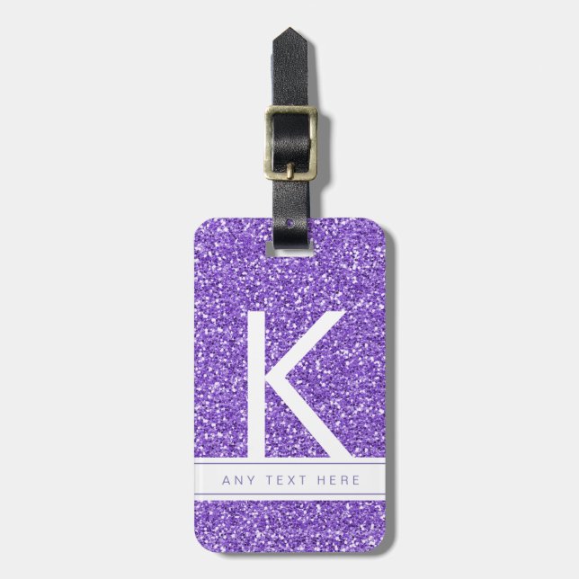 Purple Glitter Girly Modern Monogrammed Luggage Luggage Tag (Front Vertical)