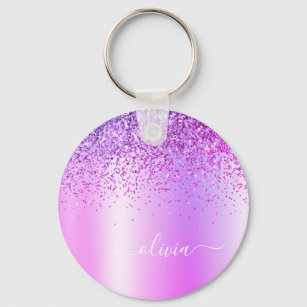 Purple Glitter Glam Metal Monogram Name Key Ring