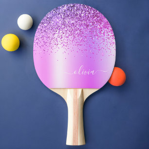 Purple Glitter Glam Metal Monogram Name Ping Pong Paddle
