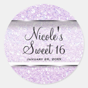 Purple Glitter Glam Sweet 16 Custom Party Favour Classic Round Sticker