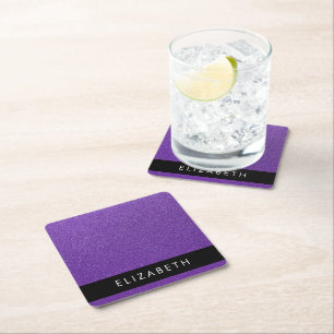 Purple Glitter, Glitter Background, Your Name Square Paper Coaster