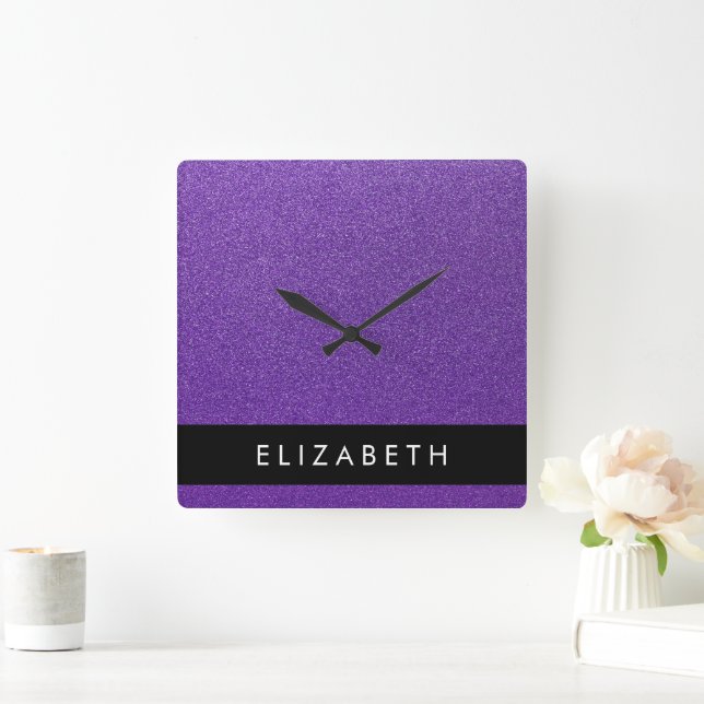 Purple Glitter, Glitter Background, Your Name Square Wall Clock (Home)