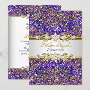 Purple Glitter & Gold Damask Quinceanera Invite