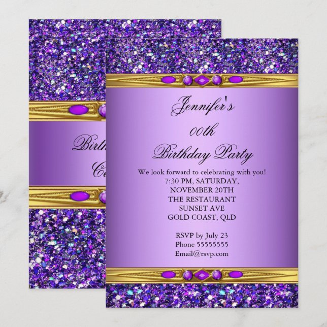 Purple Glitter Gold Diamond Birthday Party Invitation (Front/Back)