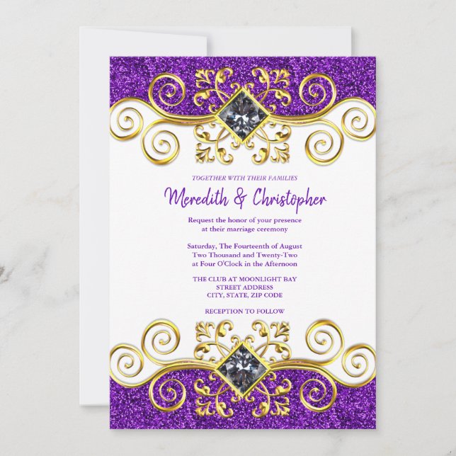 Purple Glitter Gold Gemstone Wedding Invitation (Front)