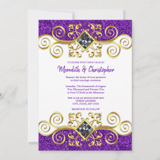 Purple Glitter Gold Gemstone Wedding Invitation