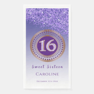 Purple Glitter & Gold Sweet 16 Monogrammed Napkin