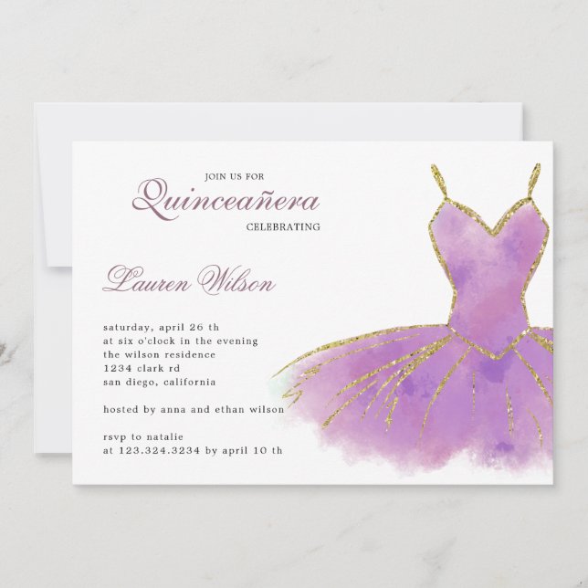 Purple Glitter Gown Quinceanera Invitation (Front)