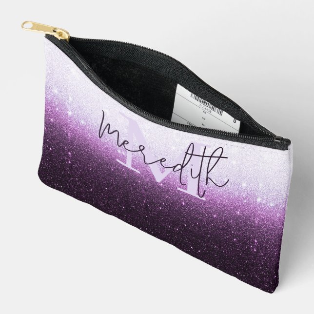 Purple glitter gradient personalised accessory pouch (Open)