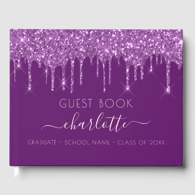 Purple glitter graduation party guest book (Front)