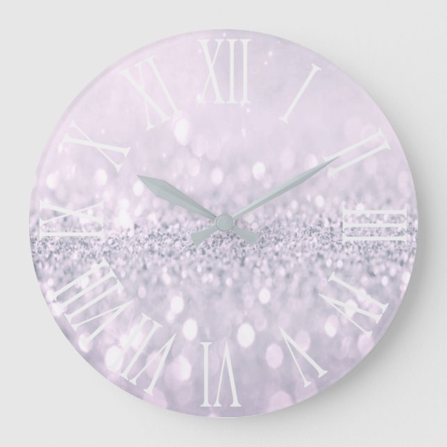 Purple  Glitter Grey Metallic Silver Roman Number Large Clock (Front)