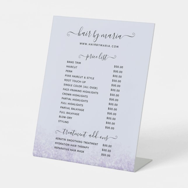 Purple Glitter Hair Salon Price List Pedestal Sign (Front)