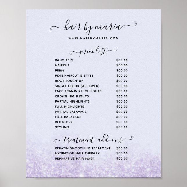 Purple Glitter Hair Salon Price List Poster (Front)