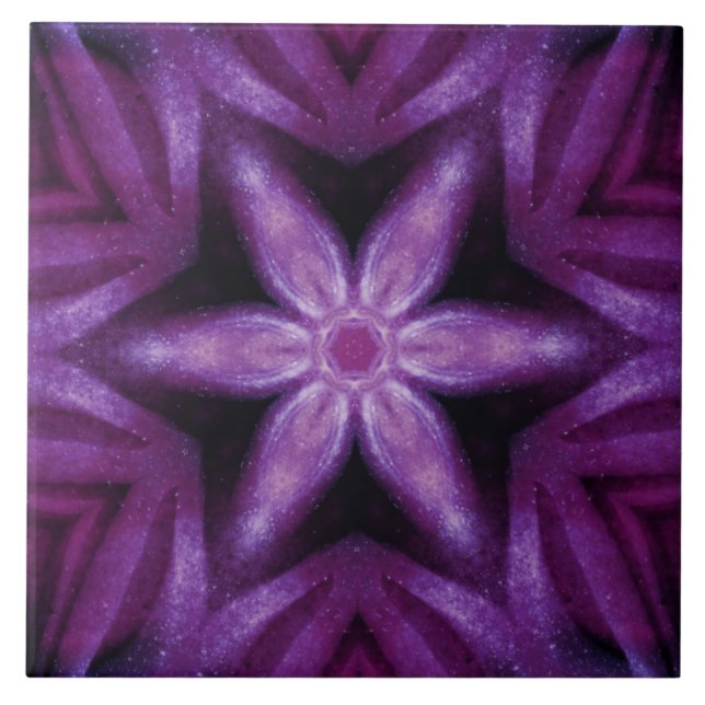 Purple Glitter Heart & Flower Kaleidoscope Pattern Tile (Front)