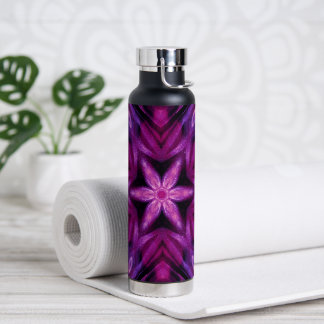 Purple Glitter Heart & Flower Kaleidoscope Pattern Water Bottle