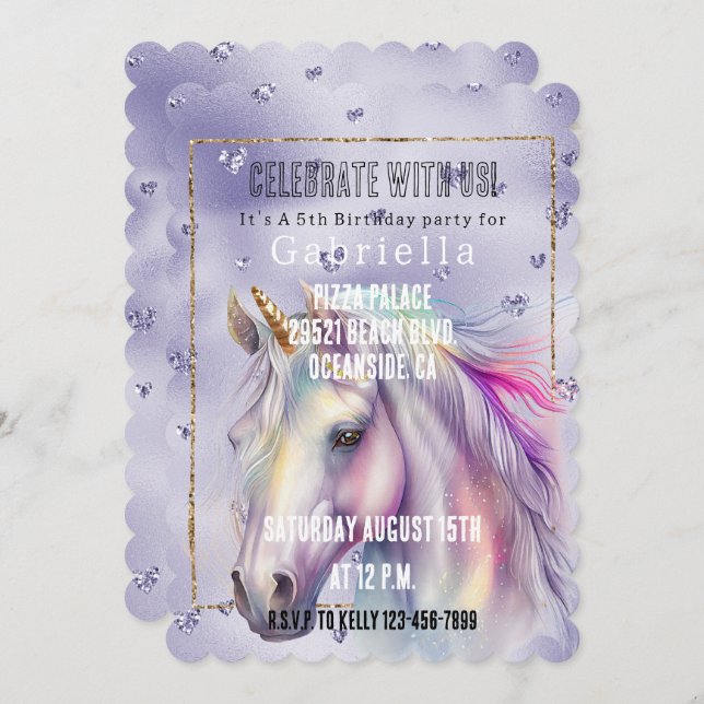 Purple Glitter Hearts Unicorn Invitation (Front/Back)