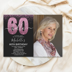 Purple Glitter "Hello 60" Photo Birthday  Invitation