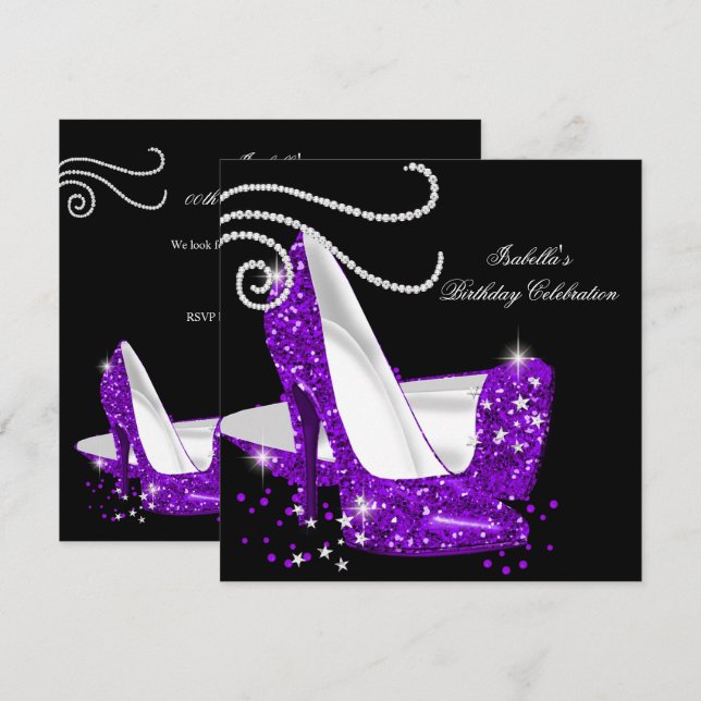 Purple Glitter High Heels Black Birthday Party Invitation (Front/Back)