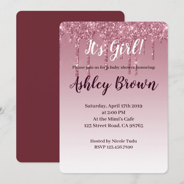 Purple glitter it's girl baby shower bling invite (Front/Back)