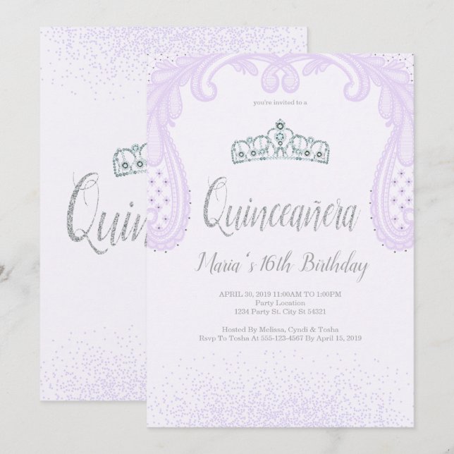Purple Glitter & Lace, Quinceañera Invitations (Front/Back)