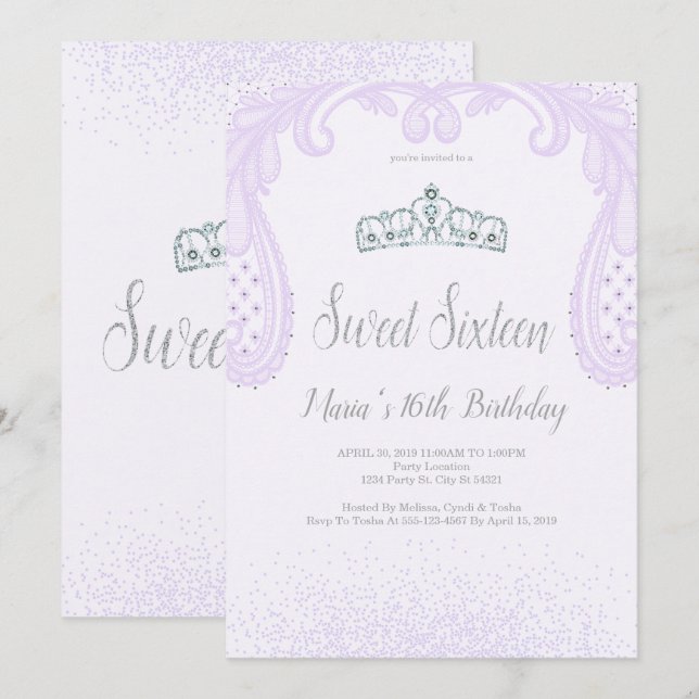 Purple Glitter & Lace, Sweet 16 Invitations (Front/Back)