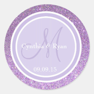 Purple Glitter & Lavender Wedding Monogram Classic Round Sticker