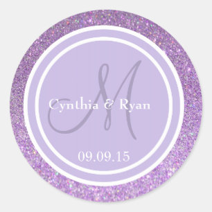 Purple Glitter & Lavender Wedding Monogram Classic Round Sticker