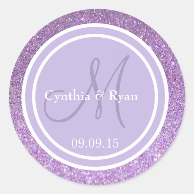 Purple Glitter & Lavender Wedding Monogram Classic Round Sticker (Front)