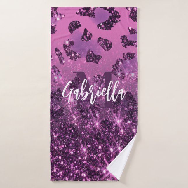 Purple Glitter Leopard Print Bath Towel Set (Bath Towel)