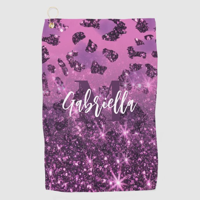 Purple Glitter Leopard Print Golf Towel (Front)