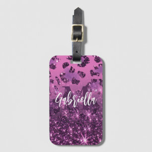 Purple Glitter Leopard Print Luggage Tag